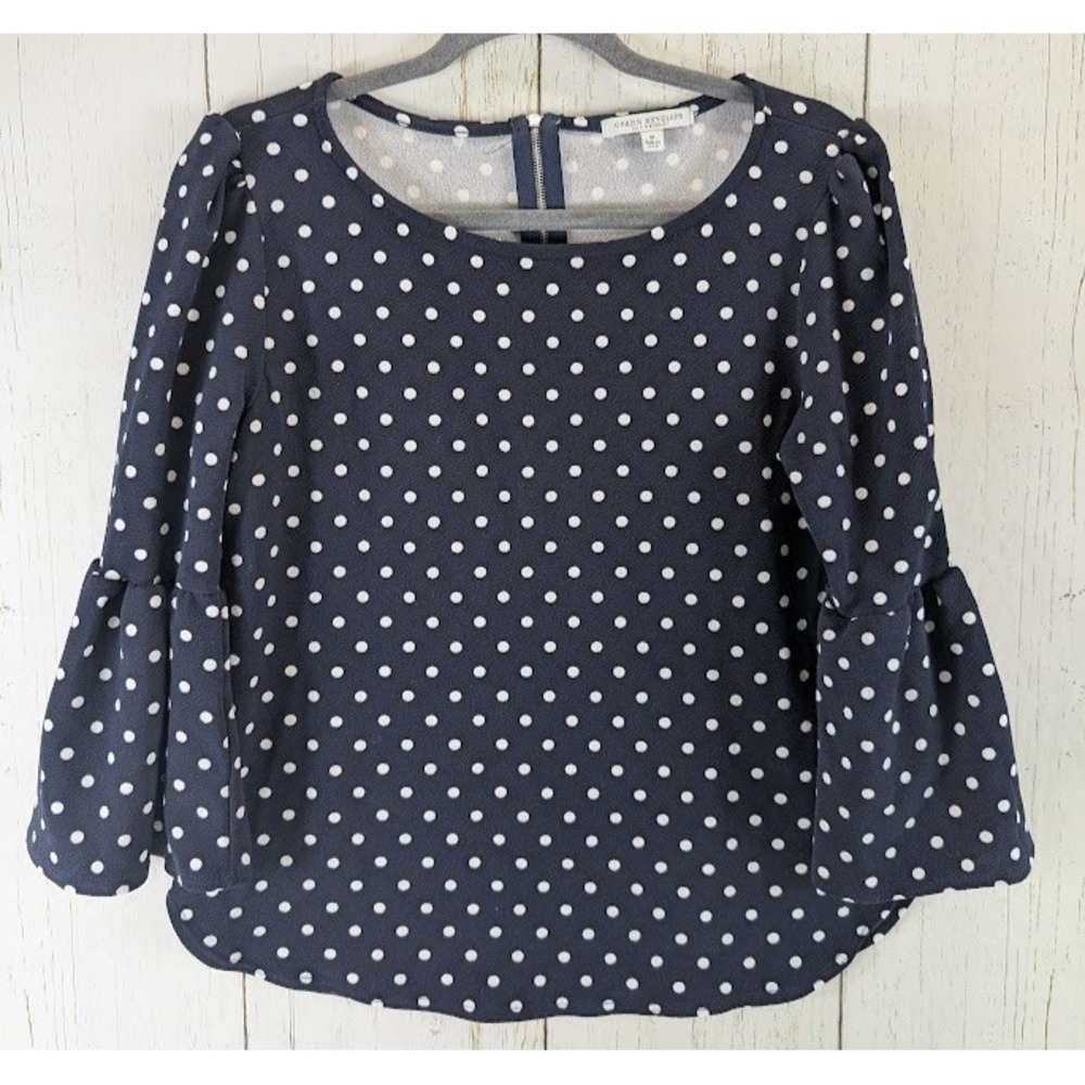 Green Envelope Size Medium Blue White Polka Dot 3/4 Flare Sleeve Blouse Top‎